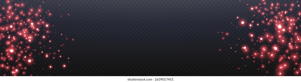 Red glittering dots, particles, stars magic sparks. Dust cloud flare light effect. Orange luminous points with smoke. Vector particles on transparent background