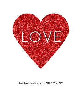 Red glittering heart card with love word inside.  Isolated design element for greeting cards, valentines day and wedding design and invitations 