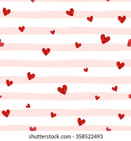 Red glittering heart confetti seamless pattern on striped background