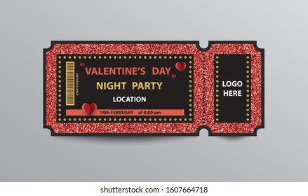Red glittering ticket stub for Valentine's day party.