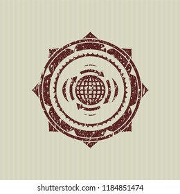 Red globalization icon inside distress rubber grunge seal
