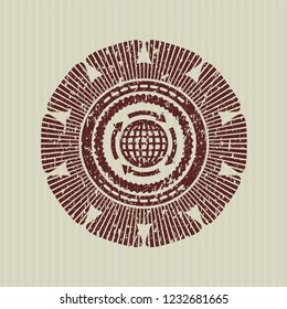 Red globalization icon inside distress with rubber seal texture