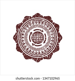 Red globalization icon inside distress rubber grunge texture seal