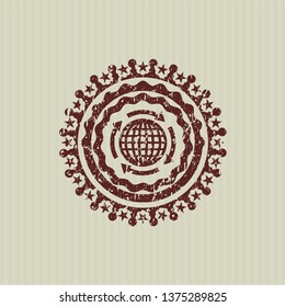 Red globalization icon inside distress rubber stamp