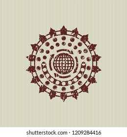 Red globalization icon inside distressed rubber seal