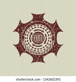 Red globalization icon inside distressed rubber grunge stamp