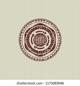 Red globalization icon with rubber seal texture