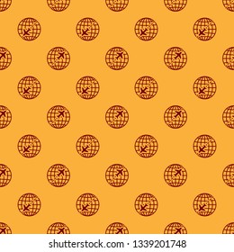 Red Globe with flying plane icon isolated seamless pattern on brown background. Airplane fly around the planet earth. Aircraft world icon. Flat design. Vector Illustration