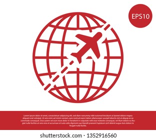 Red Globe with flying plane icon isolated on white background. Airplane fly around the planet earth. Aircraft world icon. Vector Illustration