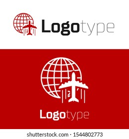 Red Globe with flying plane icon isolated on white background. Airplane fly around the planet earth. Aircraft world icon. Logo design template element. Vector Illustration