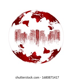 Red globe inside, a tall building in a beautiful city in the form of small dots disappearing, white background - vector