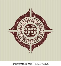 Red globe, website icon inside distressed rubber grunge stamp