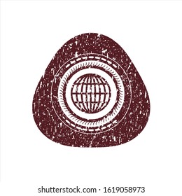 Red globe, website icon inside distressed rubber seal with grunge texture