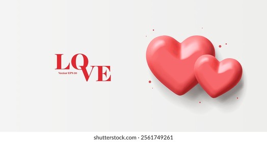 Red glossy 3D hearts. For love, wedding, anniversary concepts. Postcard for lovers. Trendy modern banner. Vector illustration.