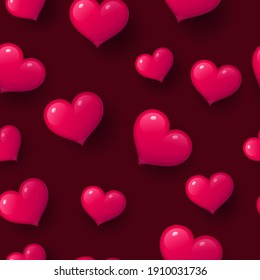 Red glossy 3d hearts seamless pattern. Valentines Day card, wedding invitation, banner design. Repeating print can be used for backdrop, wallpaper, packaging, textile realistic vector illustration