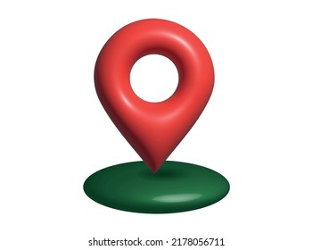 Rot glänzende 3D-Karte-Geo-Pin auf weißem Hintergrund mit Schatten.