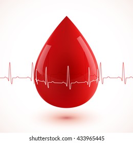 Red glossy 3d vector blood drop with red and white cardiogram