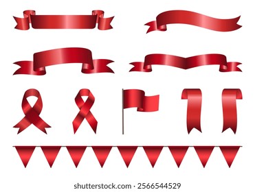 Red glossy award ribbon banners for text. Blank Red award Ribbon Collection Pack Template. Collection of Different Empty Red Ribbon and Label Design. Various shapes. Ribbon label Red glossy