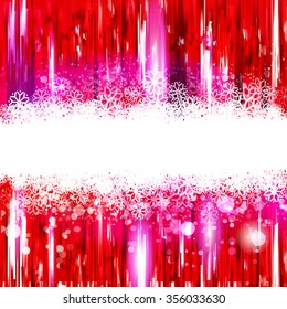 Red glossy background with snowing tape for text. Any Winter Holidays banner, poster design element. Text, business offer and quote presentation. Modern celebrating style. Vector template.