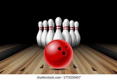 Red glossy ball rolling on bowling alley line to ten placed in order white bowling pins. Concept Sport competition or Activity and fun game.