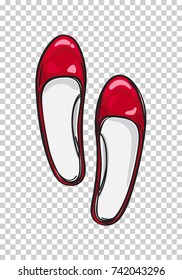 Red glossy ballerina flat shoes isolated on transparent background. Fashionable women footwear for glamorous look. Vector Illustration of elegant and comfortable footgear for every day outfit.