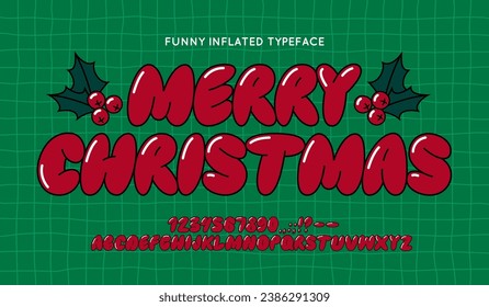 Red Glossy Balloon Font. Funny Typeset in Y2k 3d Style. Vector Cherry Bubble Gum Alphabet. Cute Letters Merry Christmas Aesthetic