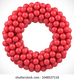 Red glossy balls round frame. Red spheres arranged in circle isolated on white background.