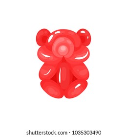 Red glossy bear twisting of inflatable balloons. Children's toy animal. Graphic design element for birthday party, postcard or promo banner. Colored flat vector icon