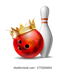 Red glossy bowling ball with golden crown and white bowling pin with red stripes. Equipment for Sport competition or Activity and fun game. Vector illustration isolated on white background