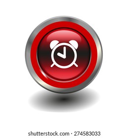 Red glossy button with metallic elements and white icon alarm clock, vector design for website
