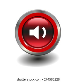 Red glossy button with metallic elements and white icon volume low, vector design for website