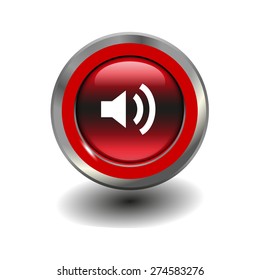 Red glossy button with metallic elements and white icon volume high, vector design for website