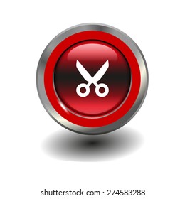 Red glossy button with metallic elements and white icon scissors (cut), vector design for website