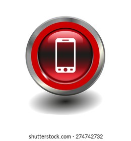 Red glossy button with metallic elements and white icon smartphone, vector design for website