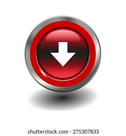 Red glossy button with metallic elements and white icon arrow down, vector design for website