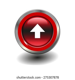 Red glossy button with metallic elements and white icon arrow up, vector design for website
