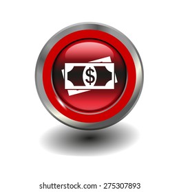 Red glossy button with metallic elements and white icon dollars, vector design for website
