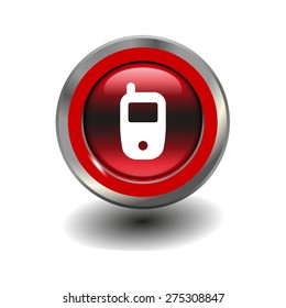 Red glossy button with metallic elements and white icon phone, vector design for website