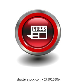 Red glossy button with metallic elements and white icon newspaper, vector design for website