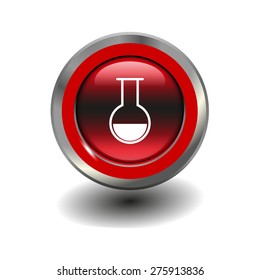 Red glossy button with metallic elements and white icon test-tube, vector design for website