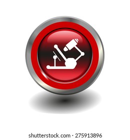 Red glossy button with metallic elements and white icon microscope, vector design for website