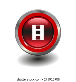 Red glossy button with metallic elements and white icon motion picture film, vector design for website