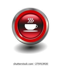 Red glossy button with metallic elements and white icon cup of coffee, vector design for website
