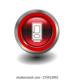 Red glossy button with metallic elements and white icon door, vector design for website