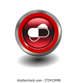 Red glossy button with metallic elements and white icon pills, vector design for website