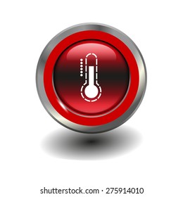 Red glossy button with metallic elements and white icon thermometer, vector design for website