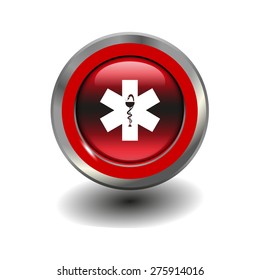 Red glossy button with metallic elements and white icon ambulance, vector design for website
