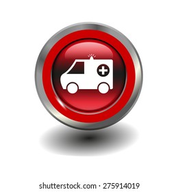 Red glossy button with metallic elements and white icon ambulance, vector design for website