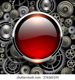 Red glossy button on gears background, vector illustration.