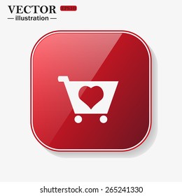 Red glossy button with rounded corners on a white background.   Favorite products. Favorite purchase. Heart.  put in shopping cart , vector illustration, EPS 10
